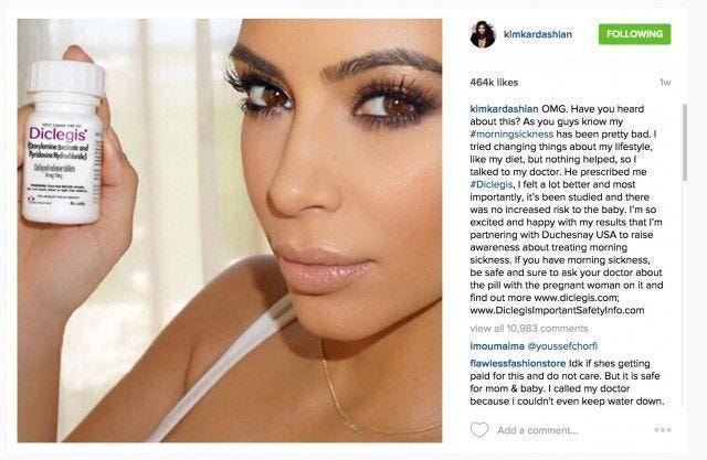 <p>Kim faced backlash when she posted a <a href="http://www.redbookmag.com/body/pregnancy-fertility/a49770/kim-kardashian-morning-sickness-instagram/" target="_blank" data-tracking-id="recirc-text-link">lengthy ad on her instagram</a>
for the morning sickness drug Diclegis. Some were upset she endorsed the
product when she wasn't pregnant at the time, some were weirded out by the
photo she used, and still more weren't pleased with the actual copy of the ad,
which contained clinical language about its side effects.

<span class="redactor-invisible-space"></span></p>
