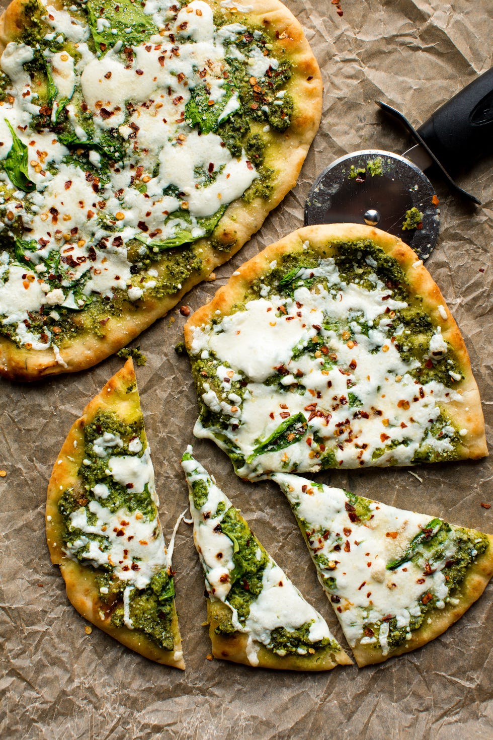 spinach pesto  mozzarella flatbread vertical