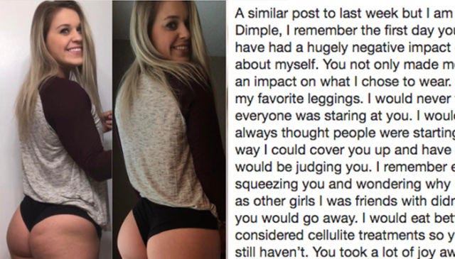 Facial expression, Text, Skin, Blond, Font, Long hair, Photography, Photo caption, Thigh, Smile, 