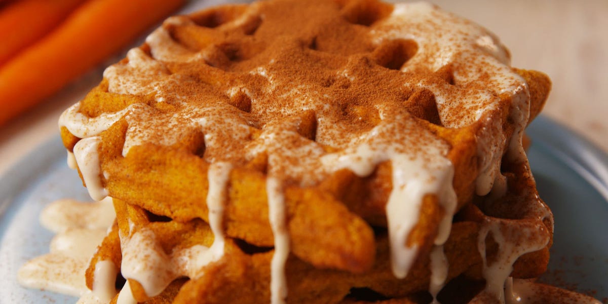 Carrot Cake Waffles With Maple Cream Cheese Drizzle