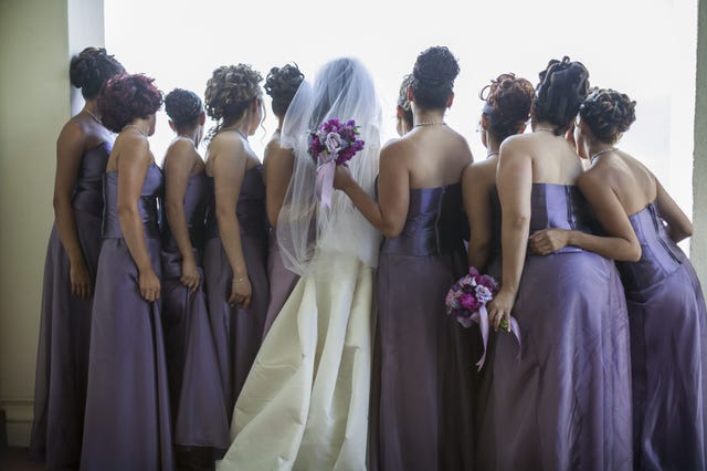 Dress, Gown, Bridal party dress, Bride, Clothing, Formal wear, Purple, Ceremony, Event, Wedding, 