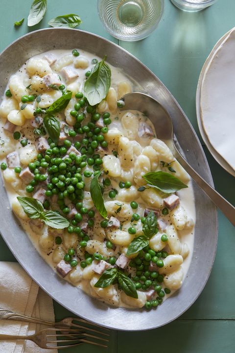 creamy baked gnocchi with ham and peas