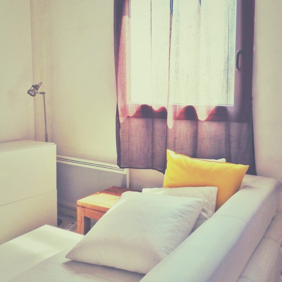 Room, Curtain, Furniture, Interior design, Property, Pink, Bedroom, Light, Yellow, Bed, 