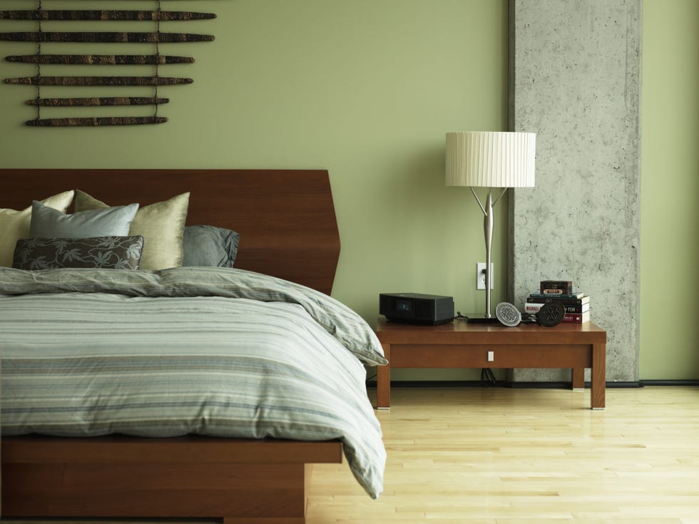 Bedroom, Furniture, Bed, Room, Bed sheet, Bed frame, Interior design, Nightstand, Wall, Floor, 