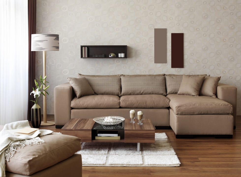 Furniture, Living room, Couch, Room, Interior design, Sofa bed, Brown, Floor, Table, Wall, 