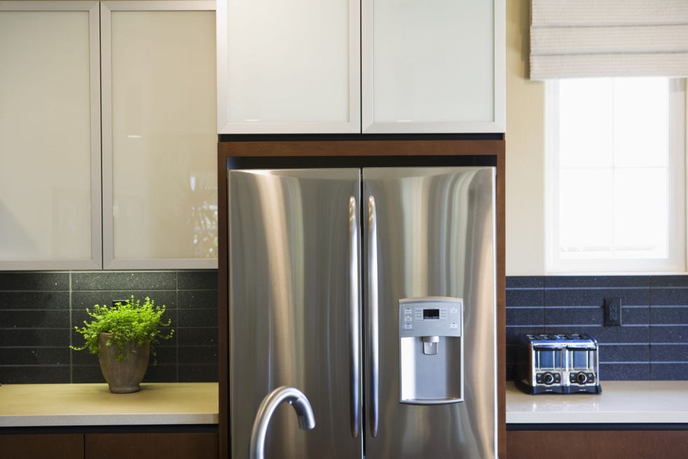 Room, Countertop, Property, Cabinetry, Major appliance, Kitchen, Furniture, Door handle, Kitchen appliance, Refrigerator, 