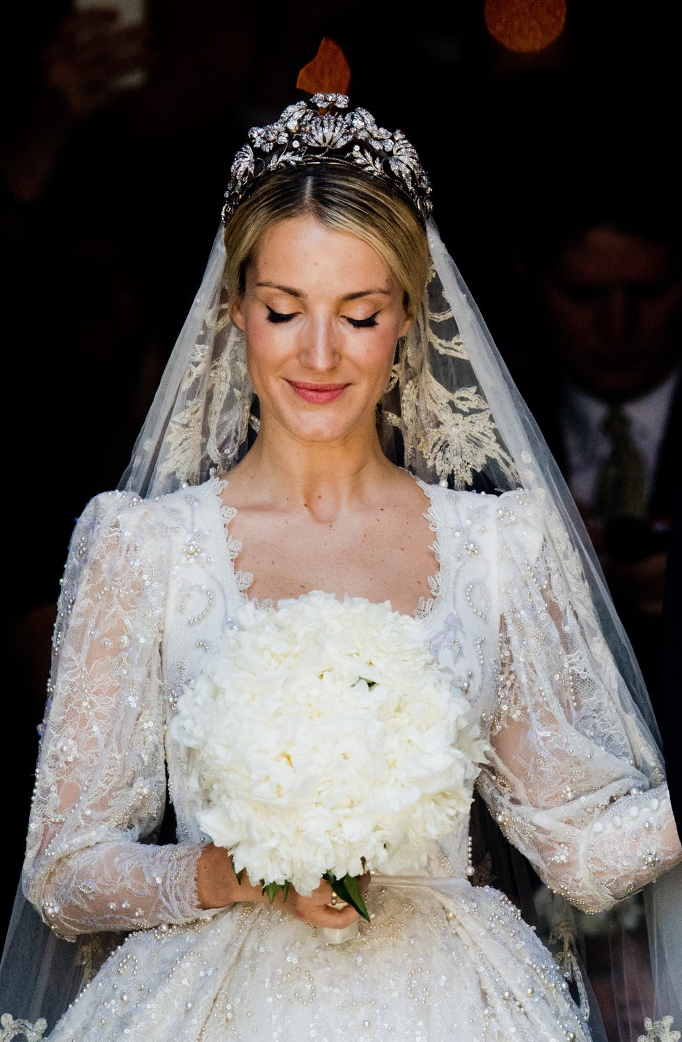 Clothing, Bridal veil, Bridal clothing, Hairstyle, Dress, Veil, Eyebrow, Photograph, Bridal accessory, Wedding dress, 
