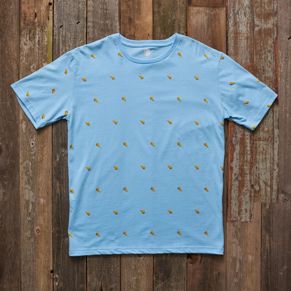 Clothing, Blue, Product, Yellow, Wood, Sleeve, Shirt, Textile, Pattern, T-shirt, 