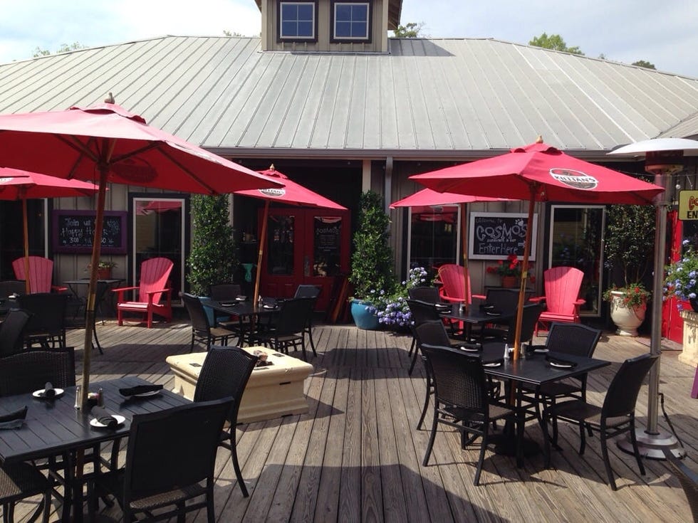 Restaurant, Building, Pink, Patio, Canopy, Café, House, Tree, Coffeehouse, Umbrella, 