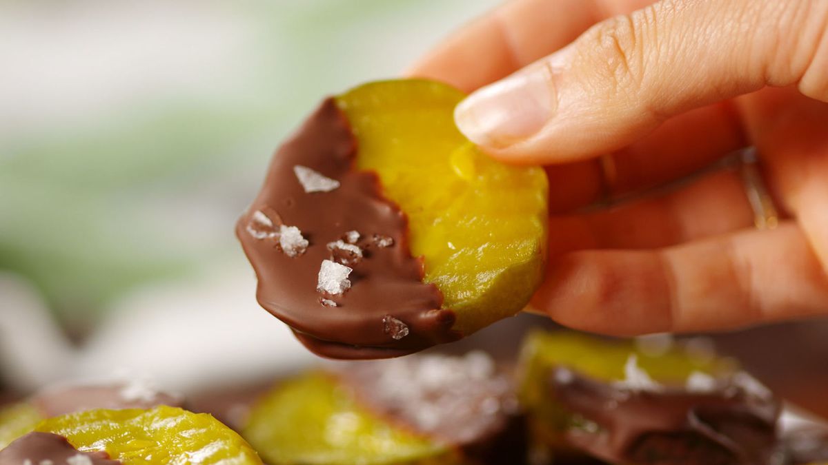 preview for These Salty Sweet Chocolate Covered Pickles Are Strangely Addictive