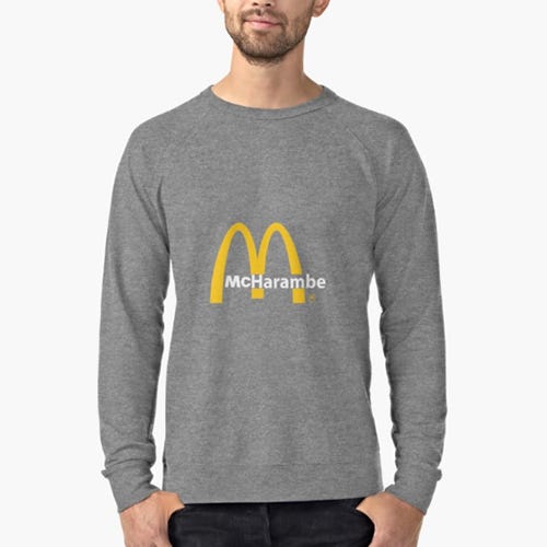<p><strong data-redactor-tag="strong" data-verified="redactor"><em data-redactor-tag="em" data-verified="redactor">$38</em></strong> <a href="https://www.redbubble.com/people/ethanwittenberg/works/22857677-mcharambe?p=lightweight-raglan-sweatshirt&amp;style=lightweight-raglan-sweatshirt&amp;body_color=heather_grey_lightweight_raglan_sweatshirt&amp;print_location=front" target="_blank" class="slide-buy--button" data-tracking-id="recirc-text-link">BUY NOW</a></p><p>Why are you like this, internet?&nbsp;</p>