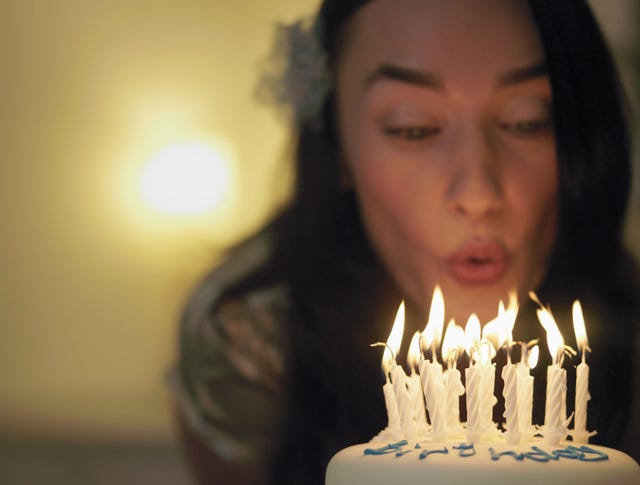 Blowing out candles on a birthday cake
