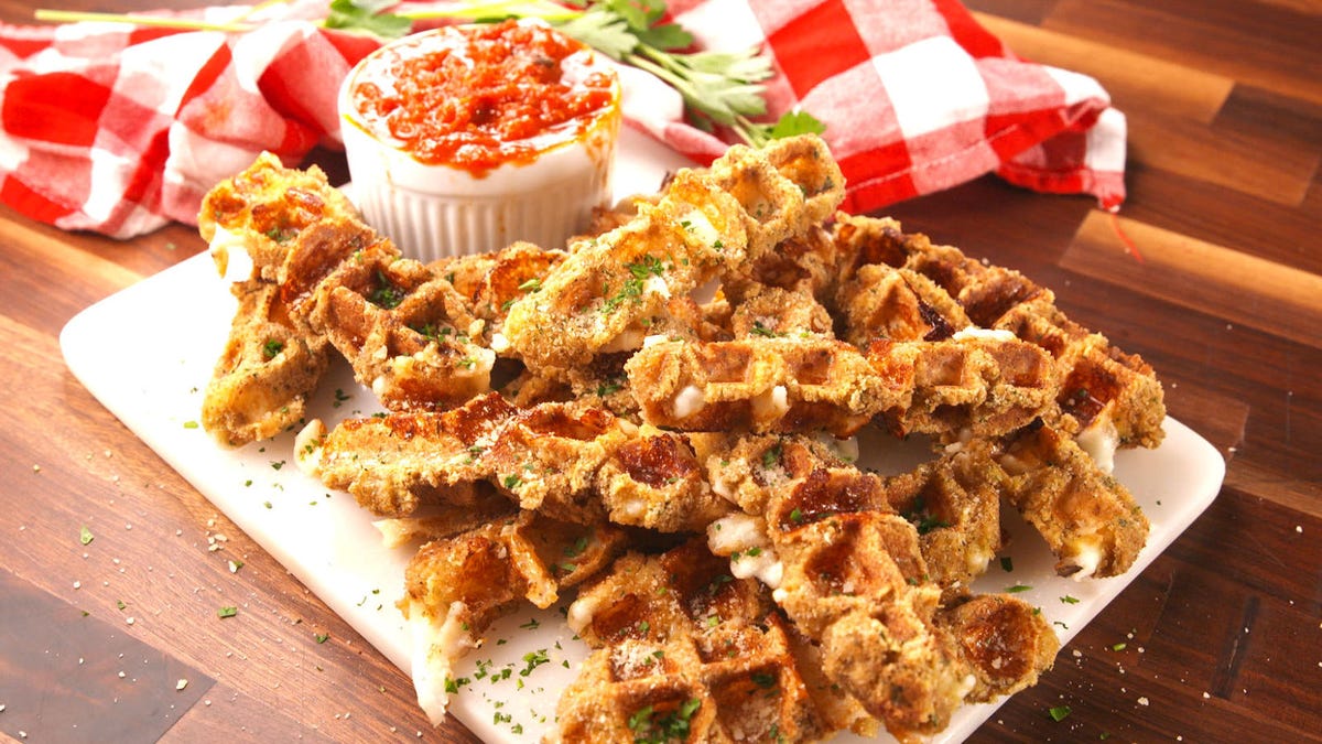Video player poster image preview for How To Make Mozzarella Sticks In A Waffle Maker