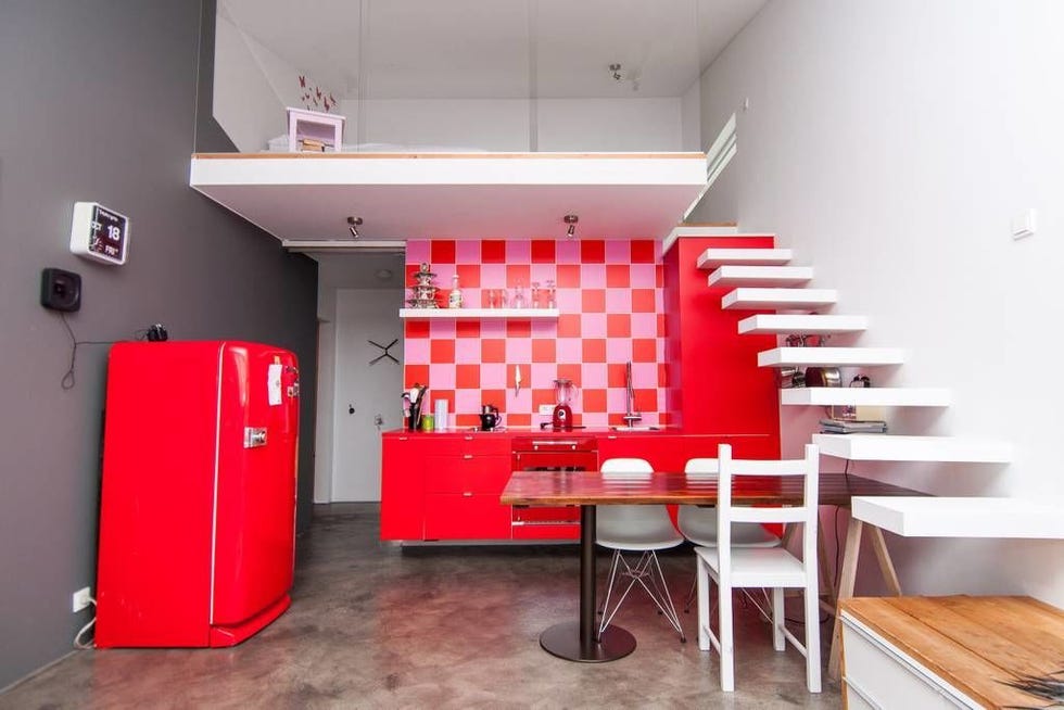 Floor, Interior design, Room, Architecture, Red, Flooring, Table, Wall, Ceiling, Orange, 