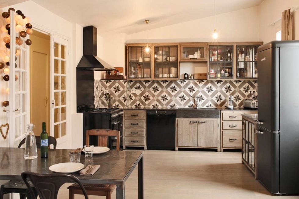 Room, Interior design, Wood, Floor, Major appliance, Furniture, Kitchen appliance, Flooring, Home, Cupboard, 