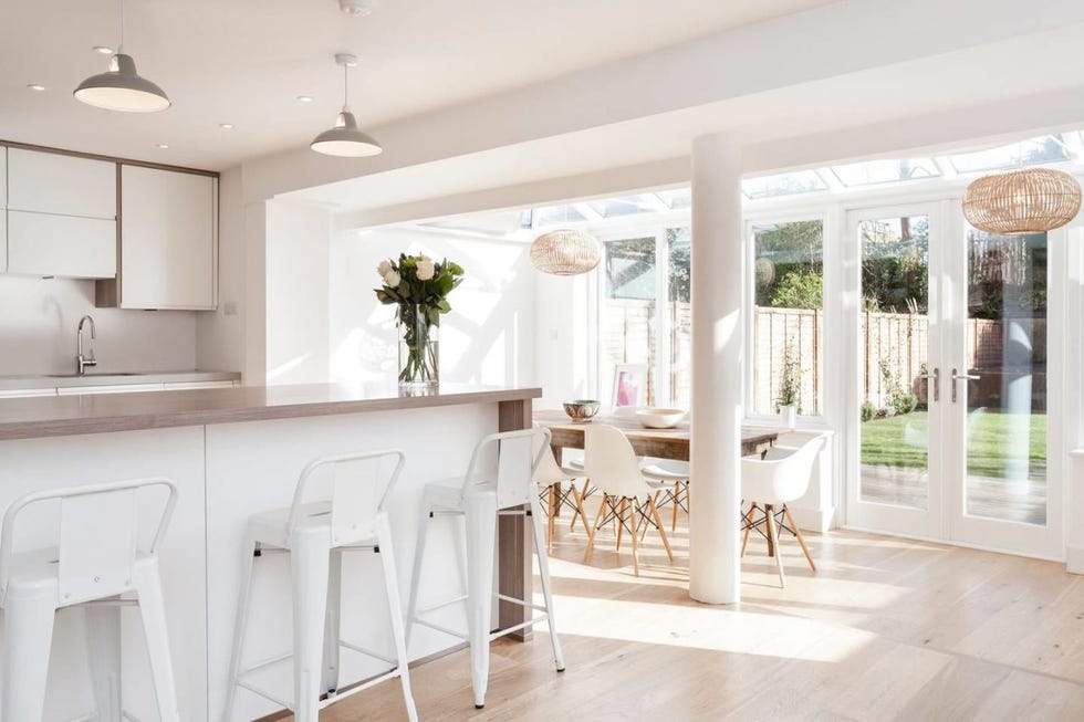 White, Room, Property, Furniture, Interior design, Ceiling, Building, Dining room, Floor, Table, 