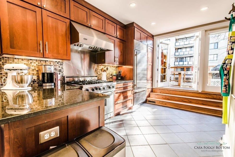 Room, Interior design, Kitchen appliance, Major appliance, Kitchen, Ceiling, Home appliance, Interior design, Kitchen stove, Cabinetry, 