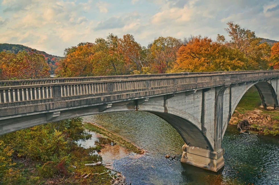 Bridge, Arch bridge, Humpback bridge, Water, Beam bridge, River, Natural landscape, Concrete bridge, Leaf, Tree, 