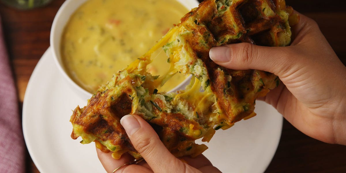 Zucchini Waffle Grilled Cheese With Broccoli Cheddar Soup
