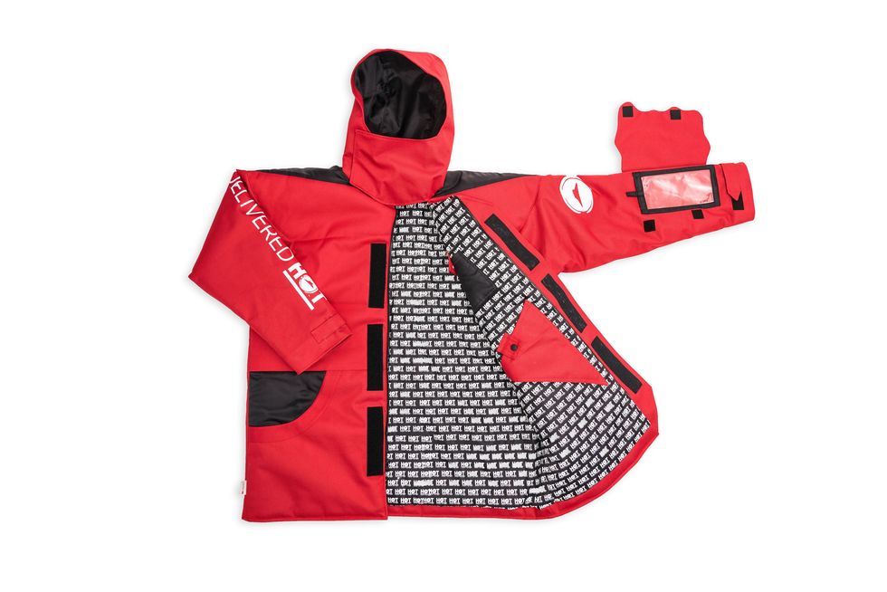 Clothing, Outerwear, Red, Jacket, Sleeve, Hood, Font, Personal protective equipment, Sportswear, Hoodie, 