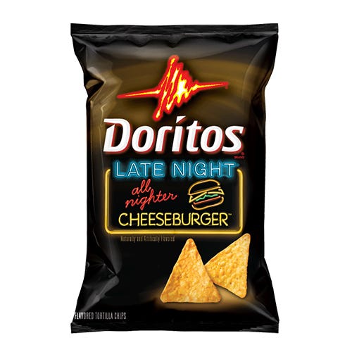 <p>It's unclear what late nights or all-nighters have to do with cheeseburgers, but Doritos nailed this flavor anyway.<span class="redactor-invisible-space" data-verified="redactor" data-redactor-tag="span" data-redactor-class="redactor-invisible-space"></span></p>