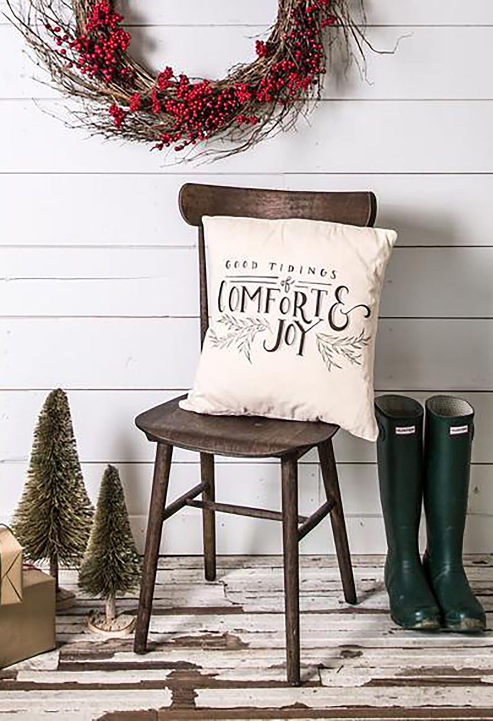 Furniture, Chair, Christmas stocking, Pillow, Room, Branch, Cushion, Interior design, Table, Tree, 