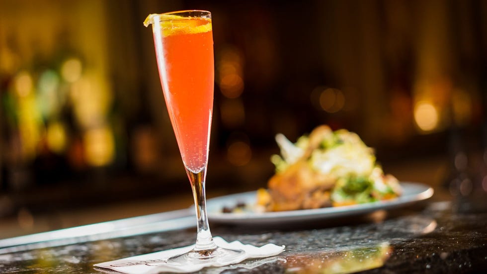 Drink, Food, Alcoholic beverage, Champagne cocktail, Cocktail, Ingredient, Classic cocktail, Restaurant, Brunch, Distilled beverage, 