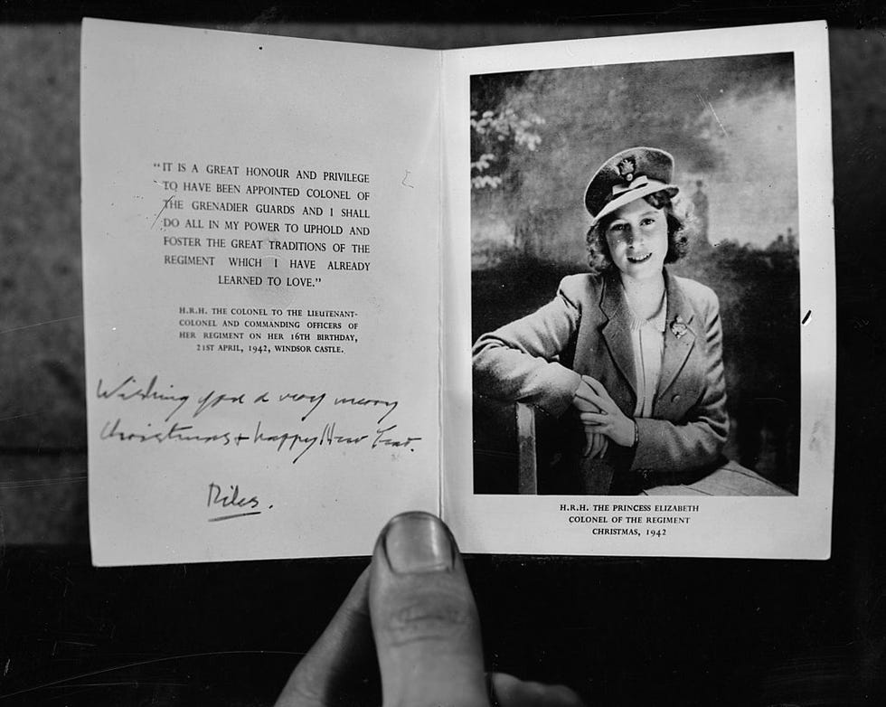 1942: A Christmas card from Princess Elizabeth (later Queen Elizabeth II of Great Britain) to the Grenadier Guards regiment of the British Army.