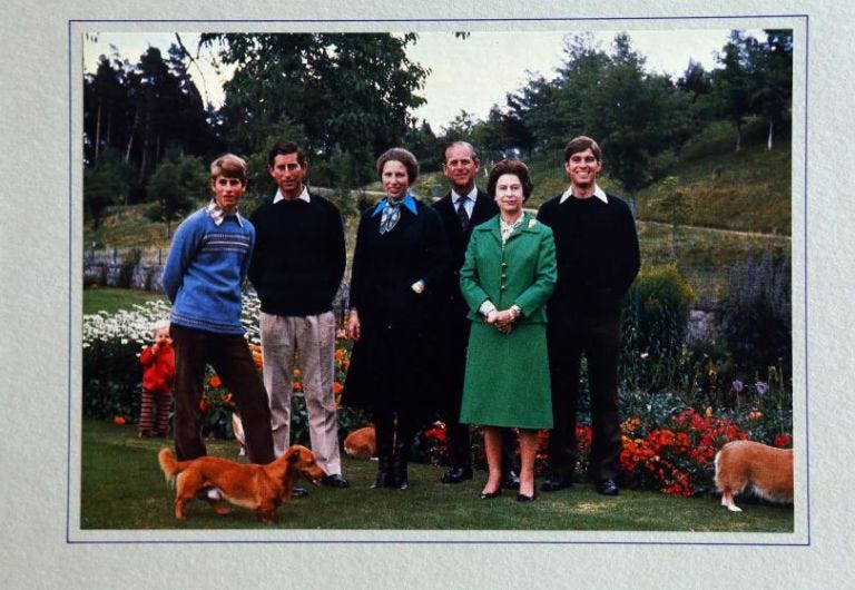 1979 Royal Christmas Card. Queen Elizabeth II and Philip, Duke of Edinburgh with their children, from left to right, Prince Edward, Prince Charles, Princess Anne and Prince Andrew. Princess Anne's son, Peter Phillips, can be seen on the left, behind Prince Edward.