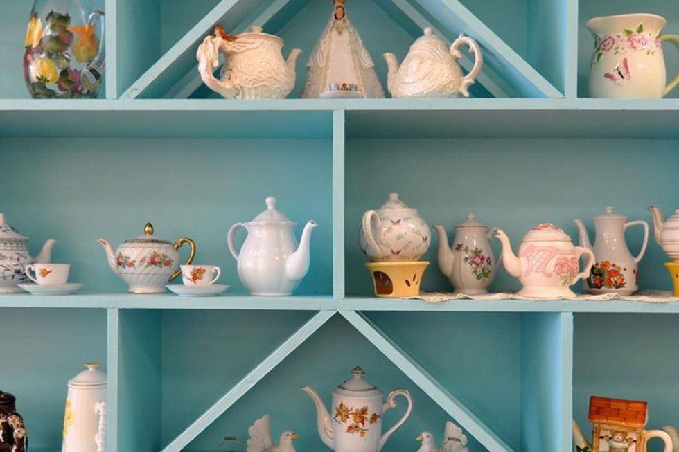 Shelf, Blue, Shelving, Room, Collection, Ceramic, Pottery, Hutch, Tableware, Furniture, 