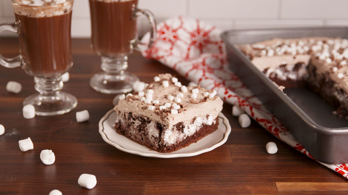 Video player poster image preview for Cozy Up With A Slice Of Hot Cocoa Poke Cake