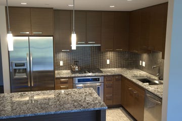 Countertop, Room, Property, Cabinetry, Kitchen, Furniture, Tile, Interior design, Lighting, Building, 