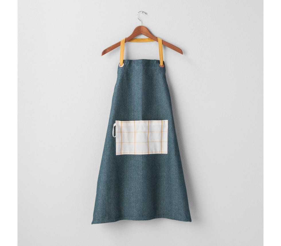 Clothing, Dress, Turquoise, A-line, Day dress, Denim, Outerwear, Textile, Apron, Clothes hanger, 