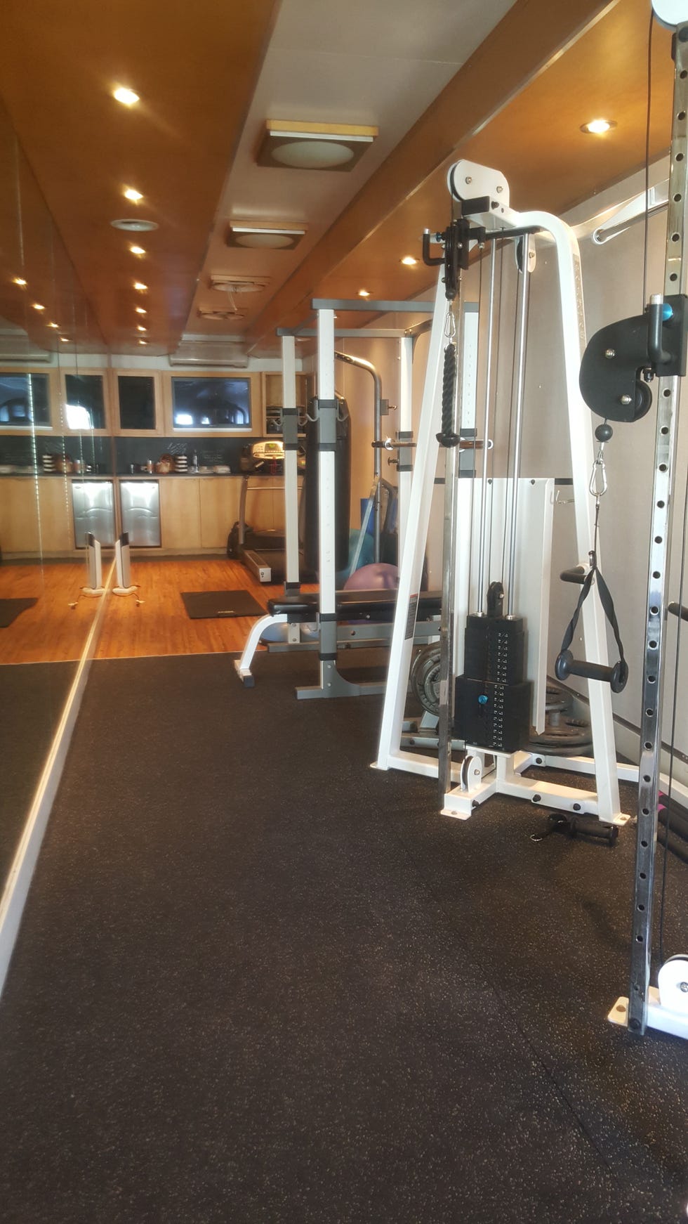 Gym, Room, Physical fitness, Floor, Exercise equipment, Flooring, Exercise machine, Weightlifting machine, Sport venue, Building, 