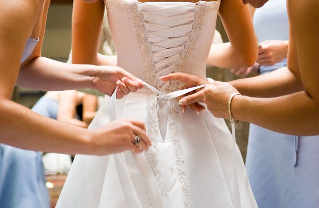 Wedding dress, Dress, Photograph, White, Bridal clothing, Gown, Clothing, Bride, Shoulder, Waist, 