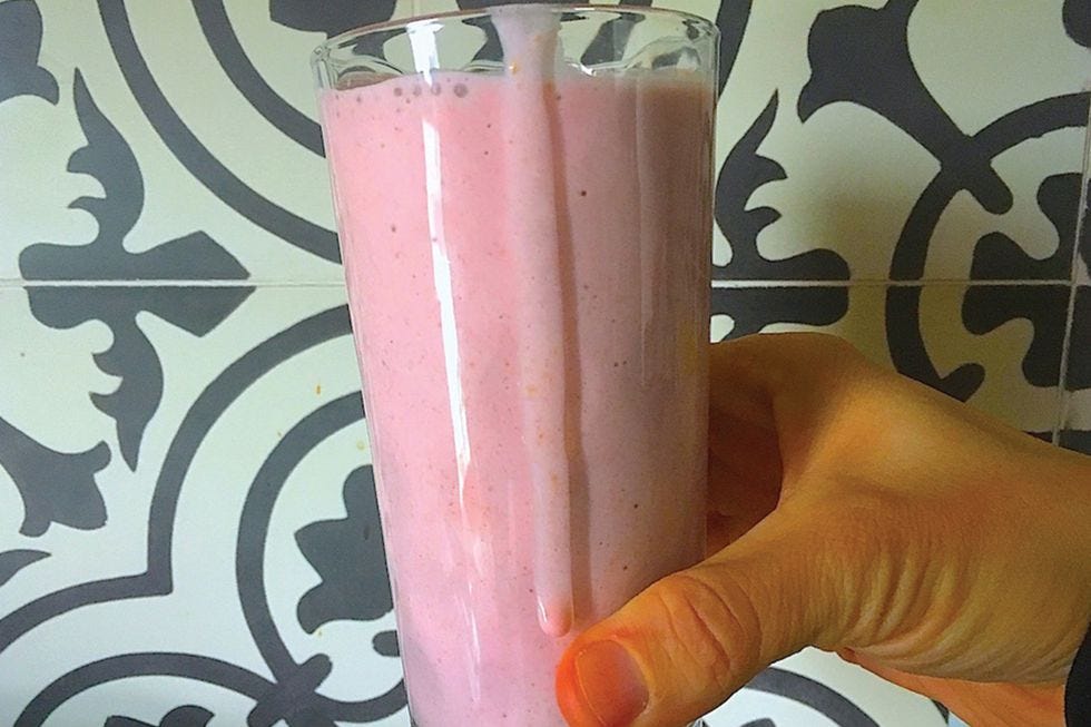 Pink, Milkshake, Smoothie, Drink, Health shake, Food, Non-alcoholic beverage, Hand, 