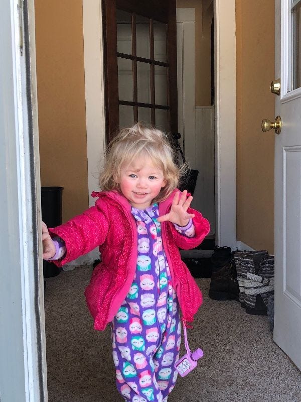 Child, Pink, Standing, Toddler, Outerwear, Room, Magenta, Pattern, Door, Costume, 