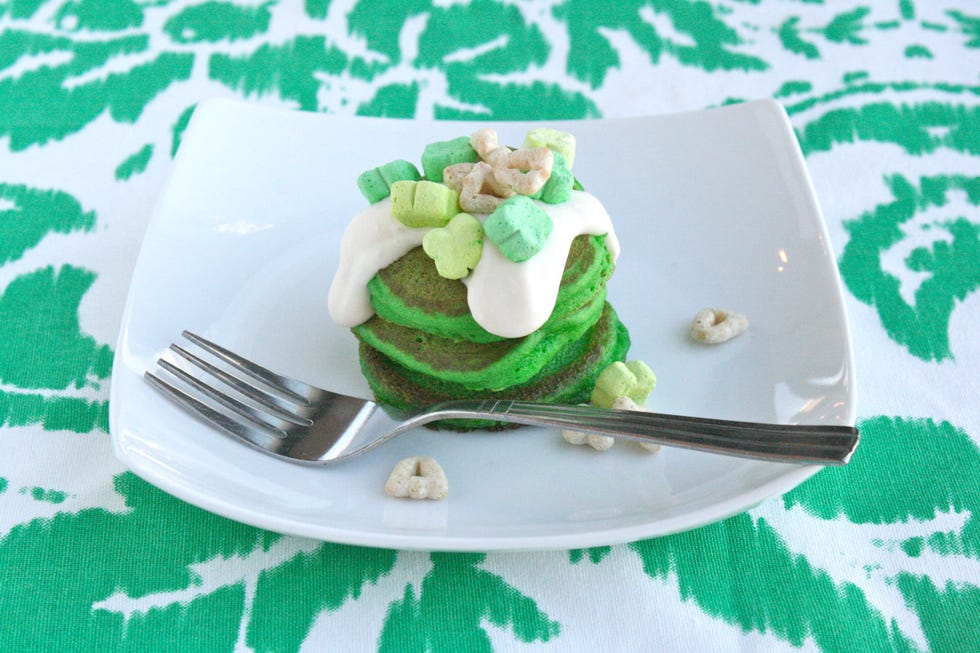 <p>Go green on S. Patrick's Day morning! These miniature pancakes get a sweet twist from homemade cream cheese glaze and a hearty topping of Lucky Charms cereal. Short on time? Skip step two and just dye pancake mix (prepared as label directs) using green food coloring.</p>
<p><strong>Recipe: <a href="http://gogonow.org/recipefinder/green-velvet-silver-dollar-pancakes-recipe-ghk0314%22 target="_blank">Green Velvet Silver Dollar Pancakes</a></strong></p>