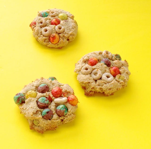 Cereal Cookie Dippers <div class="imageContent">
<p>Milk and cookies for breakfast sounds like a winning combo to us, especially when it's these cereal-loaded dippers. Stick with high-fiber, crunchy picks for the best texture and nutrition benefits — or use something playful and colorful for a fun twist.</p>
<p><em>MAKES: 2 dozen</em></p>
<p>• 2 cups whole-wheat pastry flour<br /> • 1 teaspoon baking powder<br /> • 1/4 teaspoon baking soda<br /> • 1/4 teaspoon salt<br /> • 4 tablespoons butter, at room temperature<br /> • 1/2 cup packed light-brown sugar<br /> • 1 large egg<br /> • 2 teaspoon vanilla extract<br /> • 3/4 cup plain or vanilla 0% Greek yogurt<br /> • 1 cup favorite cereal<br /> • Milk, for dipping</p>
<p>1. Preheat oven to 350 degrees F.<br /> 2. In large bowl, whisk flour, baking powder, baking soda and salt.<br /> 3. Beat butter and brown sugar with mixer on medium 2 minutes, or until light and fluffy. Beat in egg until combined, scraping down bowl as needed. Beat in vanilla and Greek yogurt until smooth. Turn off mixer. Add dry ingredients, then mix on medium-low speed until just combined.<br /> 4. Scoop rounded tablespoonfuls dough onto parchment-lined cookie sheets. Bake 10 to 15 minutes, or until golden. Transfer to wire racks to cool. Serve with milk for dipping.</p>
</div>