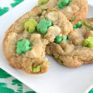 <p>Cookie lovers will swoon over this sweet-and-salty recipe. We created a "compost cookie"-style treat using ground Lucky Charms "flour," marshmallow bits, and loads of white chocolate chips. Take the cookies out of the oven while they're still pale golden (and scrunch in the sides using an offset spatula, if desired) — that's what gives them their soft, chewy centers! </p>
<p><strong>Recipe: <a href="http://gogonow.org/recipefinder/lucky-charm-cookies-recipe-ghk0314%22 target="_blank">Lucky Charm Cookies</a></strong></p>