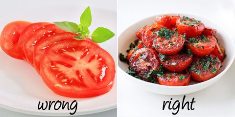 <p><strong>Wrong</strong>: Though tomatoes are delicious with a sprinkle of salt and some balsamic, eating them raw is actually not your best bet.</p>
<p><strong>Right:</strong> Cook them. Adding heat and oil to tomatoes makes it easier for your body to absorb lycopene, according to research from Harvard University, published in the <a href="http://jnci.oxfordjournals.org/content/94/5/391.full"><em>Journal of the National Cancer Institute</em></a>. And a 2011 study published in the <a href="http://ajl.sagepub.com/content/5/2/182"><em>American Journal of Lifestyle Medicine</em></a> found that lycopene helps reduce the risk of stroke, certain cancers, and heart disease. </p>