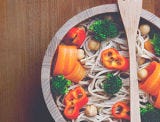 <p>For a quick—and deliciously healthy—vegetarian option, serve this mix of broccoli, celery, jalapeños, and chickpeas. The noodles are basically just a vessel for all of the other goodies in there.</p>
<p><strong>Get the recipe from <a href="https://www.designlovefest.com/2014/02/soba-noodle-bowl-recipe/" target="_blank">Designlovefest</a>.</strong></p>