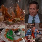 The Griswold family sits down in front of a gorgeous golden turkey. Before carving it, Clark says, "Cathrine, if this turkey tastes half as good as it looks, I think we're all in for a very big treat." As soon as he begins cutting, the turkey makes a grotesque farting noise and instantly deflates, sending Cathrine into a fit of tears.