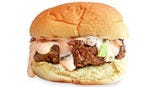 Mix 1 cup mayo + 1/2 cup sour cream + 4 grilled green onions, chopped + 1 1/2 tablespoons sriracha + 1 teaspoon each honey and lemon juice + 1/8 teaspoon each salt and pepper. Divide among burgers.