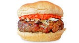 Blend until smooth 1 cup roasted red peppers, drained and patted dry + 1/4 cup mayo. Top burgers with 1 cup grated Manchego cheese.