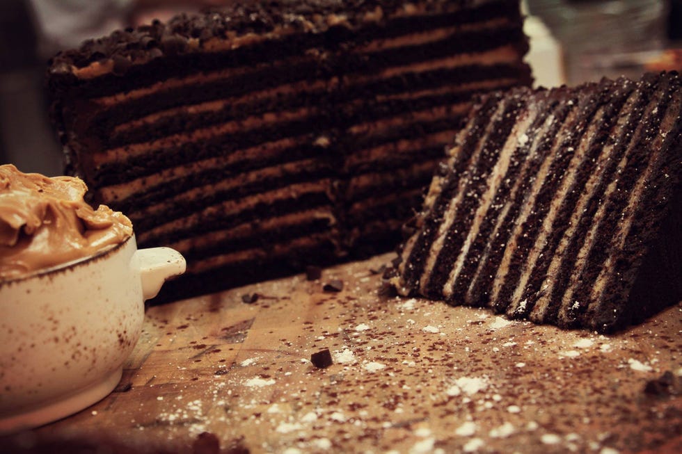 <p><b>Where you'll find it:</b> <a href="http://lavolv.com/index.cfm" target="_blank">Lavo</a>, New York, NY and Las Vegas, NV ($14 and $13 per slice, respectively)</p>

<p><b>The chocolaty details:</b> If there's one ingredient that can make sweet chocolate better, it's salty peanut butter. TThe two have a perfect marriage in Lavo's impressive 20-layer chocolate cake, which features devil's food cake and peanut butter mascarpone.</p>