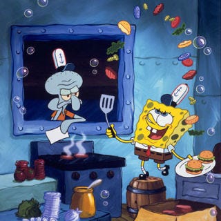 <b>First Taste</b>: <i>Sponge Bob SquarePants</i><br />
<p>Krabby Patties, lovingly cooked by the show's star, are in large part responsible for The Krusty Krab's popularity in Bikini Bottom. Their popularity certainly inspires the ire of Sheldon J. Plankton — owner of the competing but inferior Chum Bucket — who continually tries to steal the top-secret recipe.</p>

<p><b>Recipes:</b> Are Krabby Patties more <a href="/search/fast_search_recipes?search_term=crab+cakes"><b>crab cake</b></a> or <a href="/entertaining-ideas/parties/barbecue-grilling/burger-recipes-0509"><b>burger</b></a>? We're not sure, but we'll take them either way.</p>