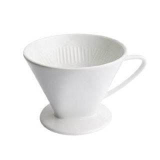 Pour-over drip coffee is quite trendy these days. It's a simple system: all you do is set a cone like this traditional porcelain version on top of your coffeepot or cup, fit a paper filter in it, spoon in your ground coffee, and pour hot water slowly over the grinds. It's a great option for those who live alone and prefer a less complicated single-serve system.