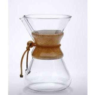 At first glance, I found Chemex's glass coffeemaker confusing. Though it's a lovely contraption, its claims to use chemically correct methods for brewing were a bit intimidating. Turns out, though, that it's a relatively simple stand-up coffee system that employs special filter paper (which keeps out any impurities). The thick glass doesn't absorb any coffee or impart its own strange flavor. It's portable, durable, straightforward, and elegant. Its only drawback seems to be the $80 price tag.