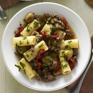 <p>Hearty rigatoni topped with lean ground beef and a sauce studded with piquant green olives makes quick, filling dinner during the cold winter months.</p><p><b>Recipe:</b> <a href="/recipefinder/rigatoni-beef-green-olives-recipe-ghk0112"><b>Rigatoni with Beef and Green Olives </b></a></p>